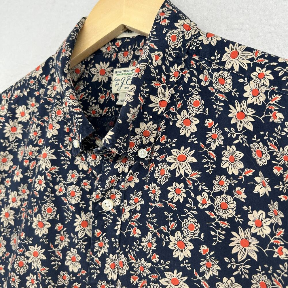 J.CREW Shirt Mens L Stretch Secret Wash Slim Untucked Floral Organic Cotton Blue